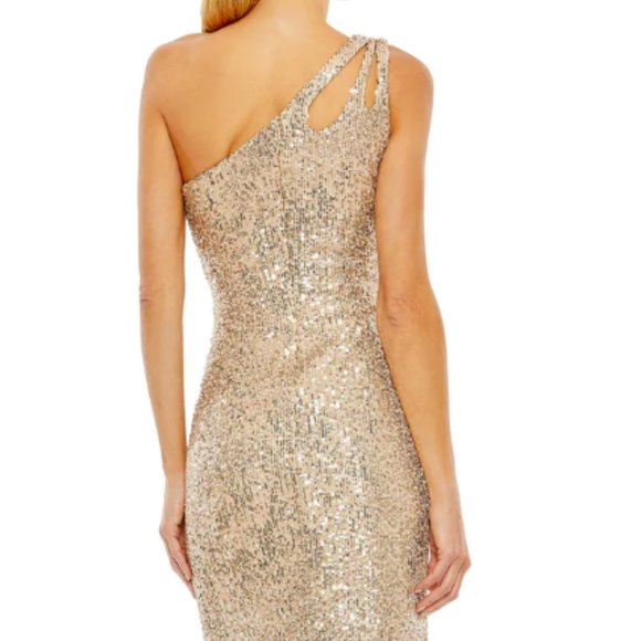 MAC DUGGAL 42029 SEQUINED STRAPPY ONE SHOULDER COLUMN GOLD GOWN sz 2 - Picture 2 of 5